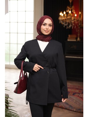 İmaj Butik Siyah Bel Bağlamalı Düğmeli Ceket