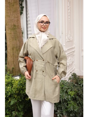 İmaj Butik Açık Haki Bel Lastikli Kruvaze Yaka Ceket