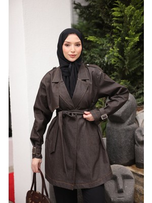 İmaj Butik Kahverengi Kruvaze Yaka Cepli Kuşaklı Ceket