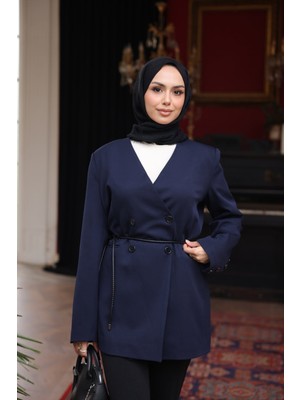 İmaj Butik Lacivert Bel Bağlamalı Düğmeli Ceket