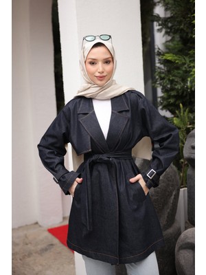 İmaj Butik Lacivert Kruvaze Yaka Cepli Kuşaklı Ceket