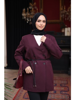 İmaj Butik Mürdüm Bel Bağlamalı Düğmeli Ceket