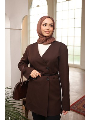 İmaj Butik Kahverengi Bel Bağlamalı Düğmeli Ceket