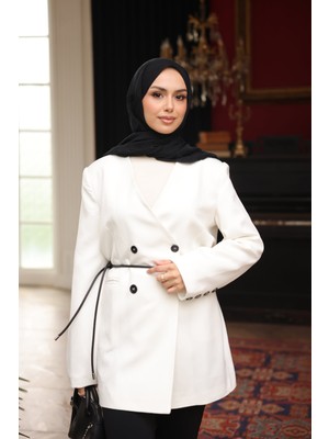 İmaj Butik Ekru Bel Bağlamalı Düğmeli Ceket