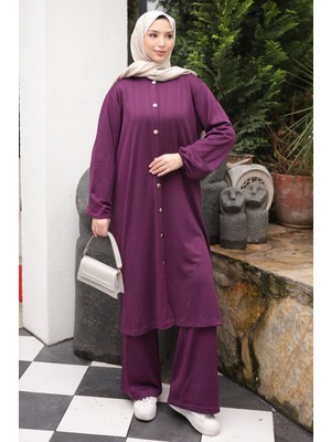 İmaj Butik Mor Düğmeli Tunik Pantolonlu Bürümcük Takım