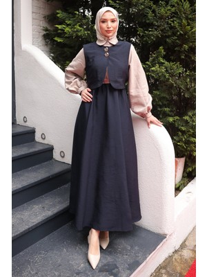 İmaj Butik Lacivert Bel Lastikli Yelek Kombinli Elbise Takım