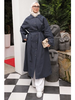İmaj Butik Antrasit Cepli Kuşaklı Oversize Trençkot