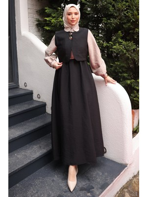 İmaj Butik Siyah Bel Lastikli Yelek Kombinli Elbise Takım