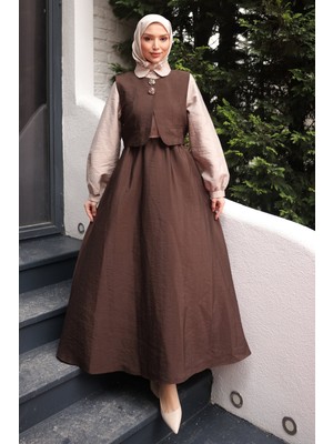 İmaj Butik Kahverengi Bel Lastikli Yelek Kombinli Elbise Takım