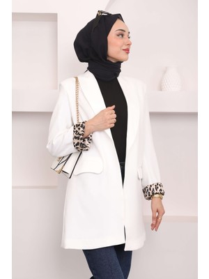 İmaj Butik Beyaz Kruvaze Yaka Cepli Blazer Ceket