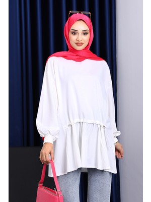 İmaj Butik Ekru Büzgü Detaylı Garnili Tunik