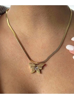 Altın Renk Kelebek Figürlü Çelik Kolye