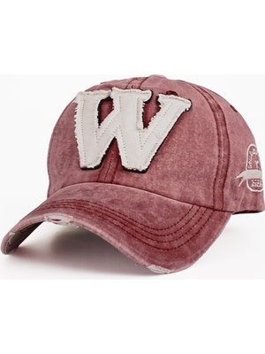 Verahed Eskitme Detaylı W Nakışlı Bordo Baseball Unisex Ayarlanabilir Beyzbol Şapka