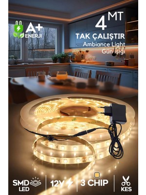 4m Şerit LED Gün Işığı, 3 Çipli, Pro Ambiyans Aydınlatma