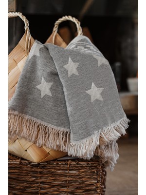 Barine Yıldız Desenli Jakarlı Yünlü Koltuk Şalı Gri