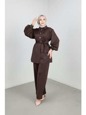 Weak Blue Şık Tesettür Tunik Pantolon Takım – Kuşaklı Düğmeli Uzun Kollu Ikili Takım