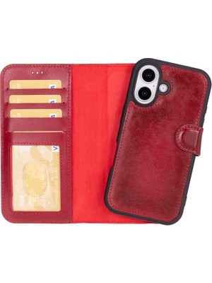 PLM Cüzdan Taşıma Derdi Olmadan – iPhone 16 Uyumlu Hakiki Deri El Yapımı Kart Yuvalı Kılıf (Gölgeli Kırmızı)