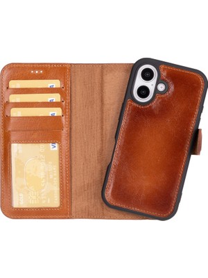 PLM Cüzdan Taşıma Derdi Olmadan – iPhone 16 Uyumlu Hakiki Deri El Yapımı Kart Yuvalı Kılıf (Gölgeli Taba)