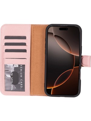 PLM Cüzdan Taşıma Derdi Olmadan – iPhone 16 Pro Uyumlu Hakiki Deri El Yapımı Kart Yuvalı Kılıf (Toz Pembe)