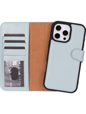 PLM Cüzdan Taşıma Derdi Olmadan – iPhone 16 Pro Max Uyumlu Hakiki Deri El Yapımı Kart Yuvalı Kılıf (Bulut Mavisi)