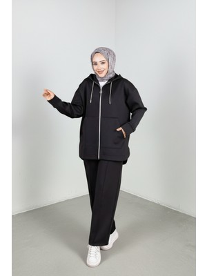 Weak Blue Oversize Kapüşonlu Eşofman Takımı Siyah Renk Scuba Kumaş Düz Desenli Kadın Rahat Tasarım