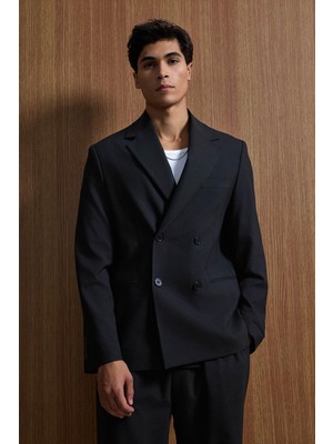 Erkek Oversize Rahat Kalıp Kruvaze Takım Elbise Siyah