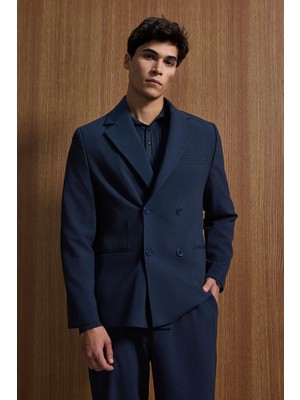 Erkek Oversize Rahat Kalıp Kruvaze Takım Elbise Lacivert
