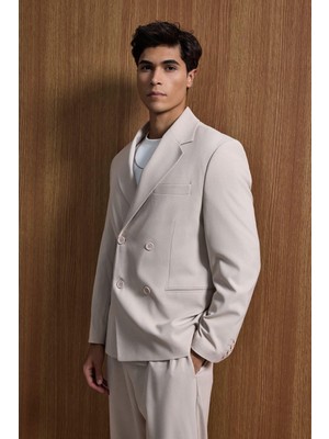 Erkek Oversize Rahat Kalıp Kruvaze Takım Elbise Bej