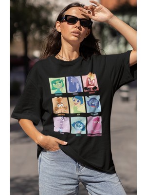 Sevbano Ters Yüz Insiide Out Baskılı Unisex Oversize Çizgi Film Karakterler Tişört