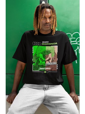 Sevbano Tasarım Roronoa Zoro Santoryu Baskılı Unisex Oversize One Piece Anime Dizi Karakter Tişört
