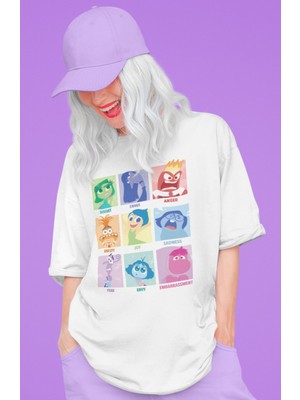 Sevbano Ters Yüz Insiide Out Baskılı Unisex Oversize Çizgi Film Karakterler Tişört