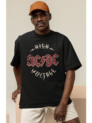 Sevbano Vintage High Ac Dc Voltage Baskılı Unisex Oversize Müzik Grubu Tişört