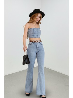 Kadın Yüksek Bel Ispanyol Paça Açık Mavi Denim Likralı Jean Pantolon