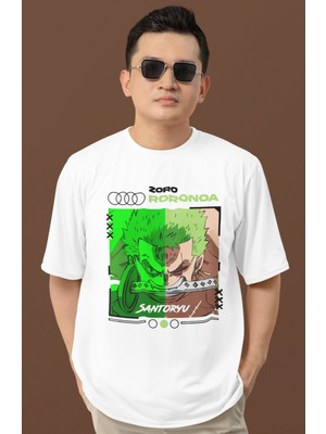 Sevbano Tasarım Roronoa Zoro Santoryu Baskılı Unisex Oversize One Piece Anime Dizi Karakter Tişört