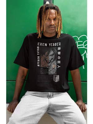 Sevbano Özel Tasarım Eren Yeager Attack On Titan Baskılı Unisex Oversize Anime Dizi Karakter Tişört