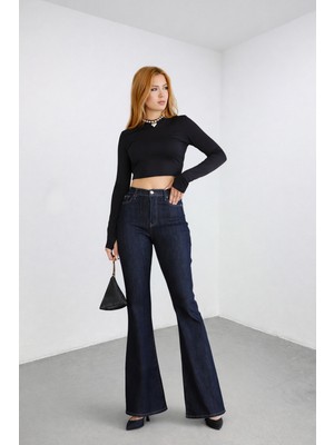 Kadın Yüksek Bel Ispanyol Paça Lacivert Denim Likralı Jean Pantolon