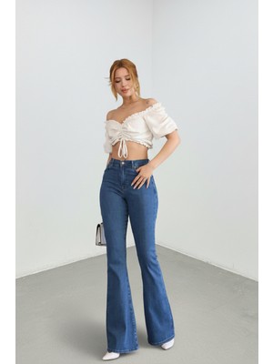 Kadın Yüksek Bel Ispanyol Paça Mavi Denim Likralı Jean Pantolon