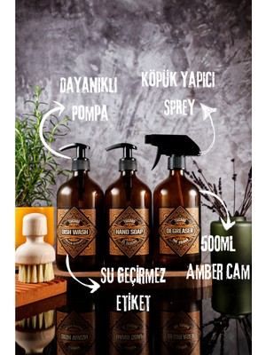 TheBRo 500ML Vintage Amber Cam Sabunluk El Sabunu,Bulaşık Deterjanı ve Yağ Çözücü Şişesi Set