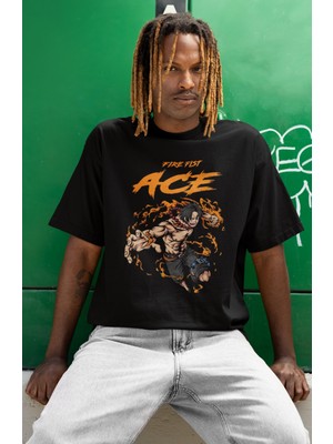Sevbano Fire Fist Ace Portgas D. Ace Baskılı Unisex Oversize One Piece Anime Dizi Karakter Tişört