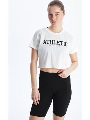 Lc Waikiki Yeni Sezon Bisiklet Yaka Baskılı Crop Kadın Spor Tişört