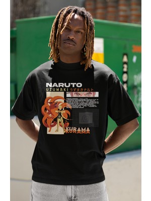 Sevbano Tasarım Naruto Uzumaki Kurama Baskılı Unisex Oversize Anime Dizi Karakter Tişört