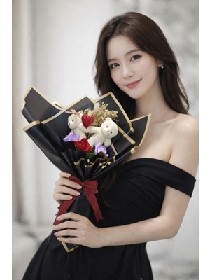 Kamira Ikili Peluş Ayıcık ve Kırmızı Gül Buketi - Sevgililer Günü & Yıldönümü Özel Hediyelik