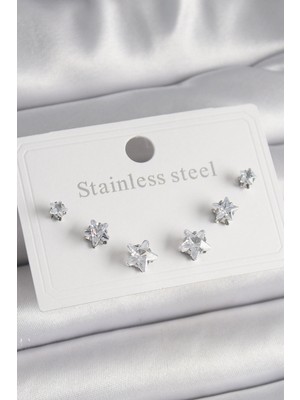 Najmaddin 316L Çelik Gümüş Renk Zirkon Taşlı Yıldız Model Kadın Küpe Seti