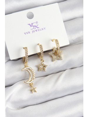 Najmaddin Pirinç Zirkon Taşlı Ay ve Hilal Model Gold Renk 3'lü Kadın Küpe