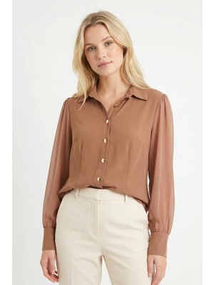 Rays 9475 Kol Tüllü Düğmeli Bluz Vizon