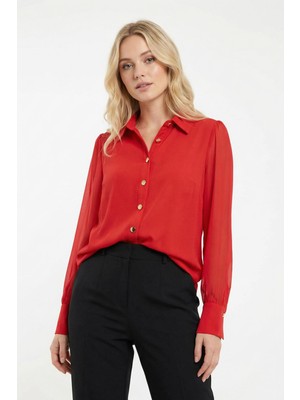 Rays 9475 Kol Tüllü Düğmeli Bluz Kırmızı