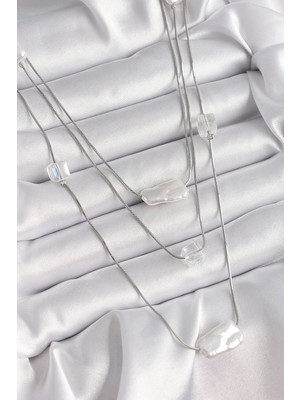 Elikaya TR Pirinç Gümüş Renk Ezme Inci Model Çoklu Kadın Kolye