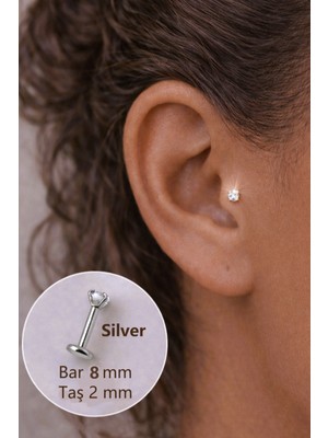 Sacce Scarves & Accessories 2 mm Tektaşlı 8 mm Çelik Piercing Gümüş Renkli