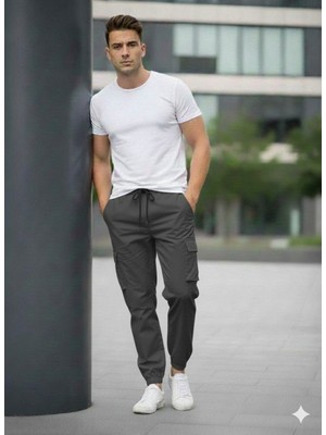 SINWEAR Erkek Kargo Cep Yazlık Yandan Cepli Beli Lastikli Relax Fit Rahat Kesim Paçası Lastikli Pantolon