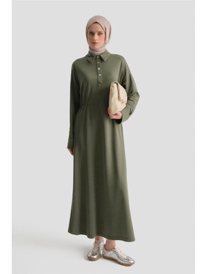 Armine Beli Lastikli Modal Elbise Haki